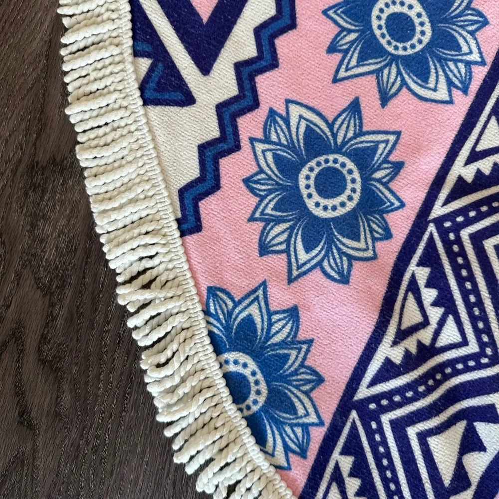 Geometric Blue and Pink Round Fringe Beach Towl